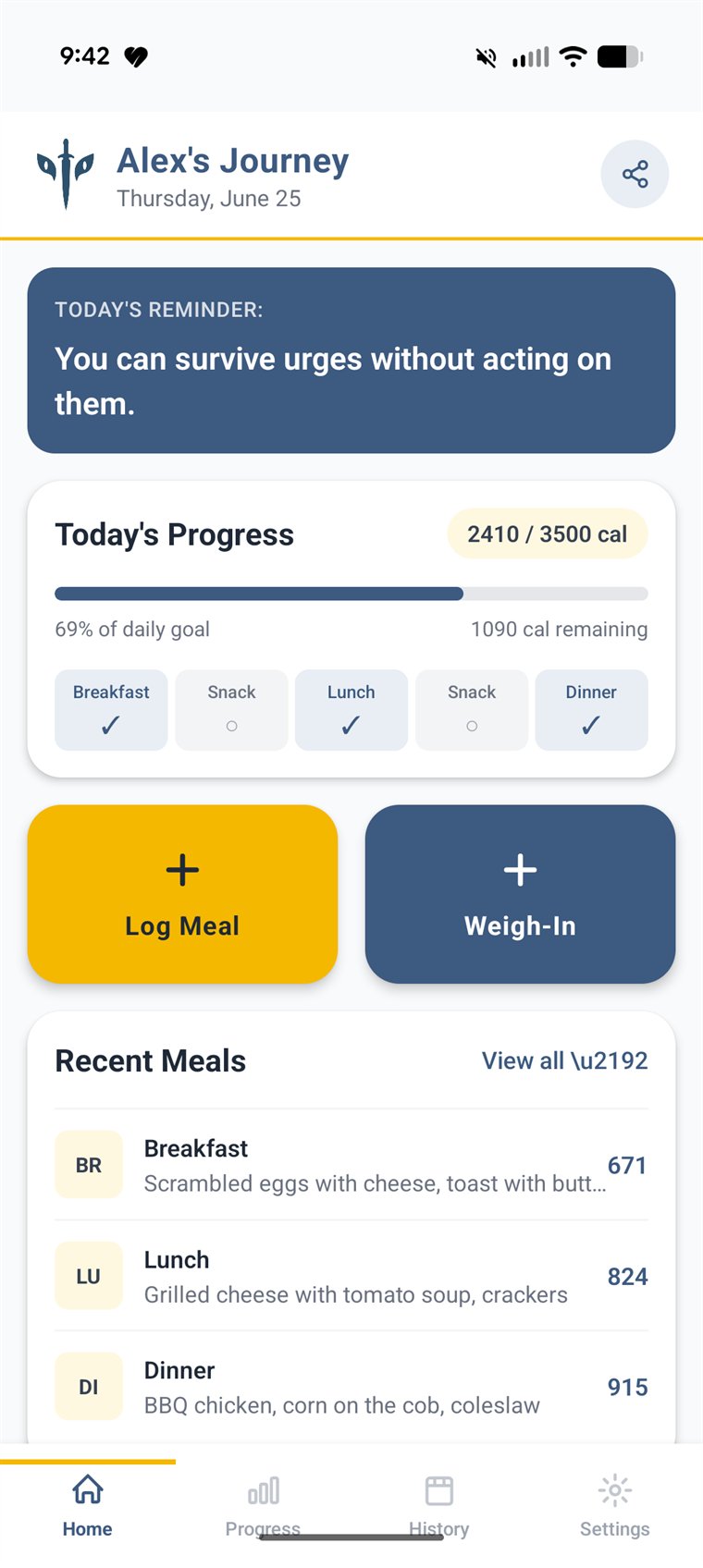 Let's Kill Ed home screen: today's calorie progress (2410 of 3500), a meal checklist, and a supportive daily reminder.