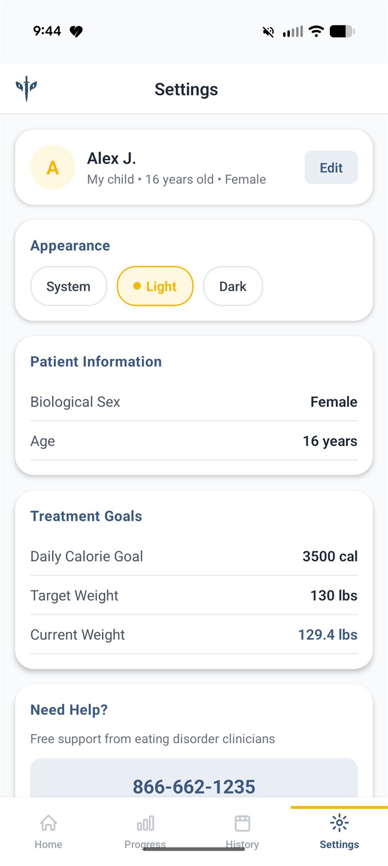 Settings in Let's Kill Ed: the patient profile, treatment goals, light or dark mode, and a built-in helpline.